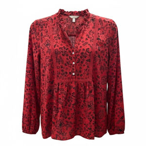 LOFT Red Black Floral Women's Long Sleeve Blouse Top Size S
